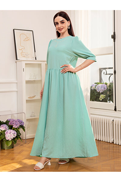 FridayIn Sweet Round neck Flowers Dots Rhinestone Puff sleeve Long Dresses