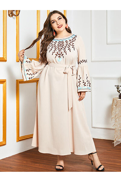 FridayIn فستان نسائي فضفاض ذو رقبة مستديرة بلون سادة ومقاس كبير