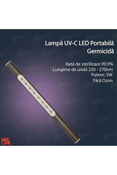 SAFECARE UVC Stick Lamp without Ozone for Disinfection, Aluminum, Travel-Friendly,
