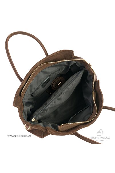 Posete Fagaras Celina Leather Purse - Suede - Khaki, 3 Compartments, 2 Pockets, Non-Adjustable Strap