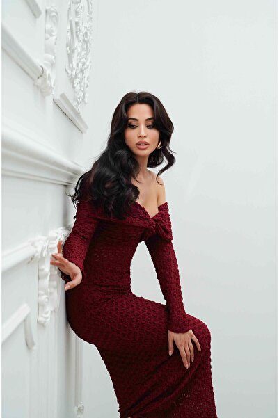 Serica Moda Bordo Madonna Yaka Transparan Detaylı Midi Elbise