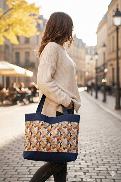 OTAY BAG Handmade Autumn Trees Pattern Denim/Cloth Shoulder Bag