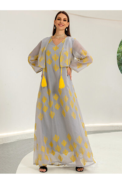 FridayIn Sweet V-neck Printing Tassel Regular sleeve Kaftan