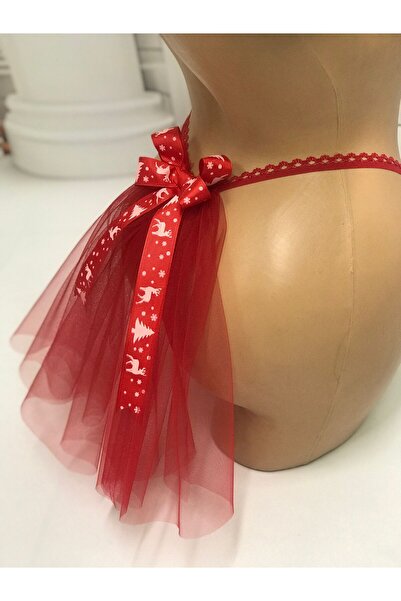 MadyaButik Christmas, New Year, Women's Red Velvet Thong Model with Tulle on the Back and Red Bow Detail