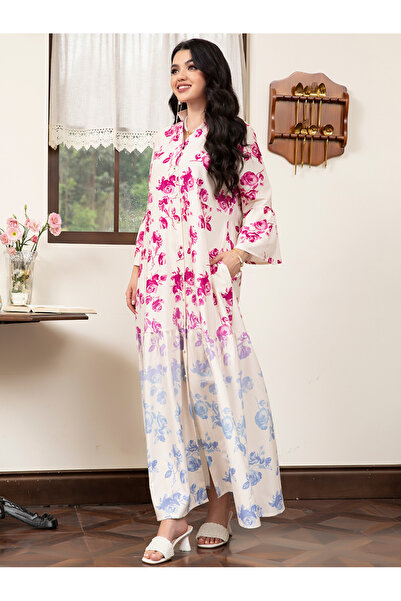 FridayIn Holiday style V-neck Flowers Gradient Pocket Splicing Flared sleeve Long Dresses