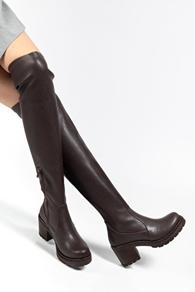 infon shoes creation 767-3010 Brown Stretch Daily Thick Heeled Women's Boots