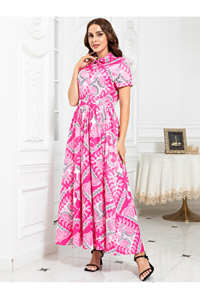 FridayIn Elegant style Lapel Flowers Color contrast Geometry Buttons Rolled cuffs Long Dresses