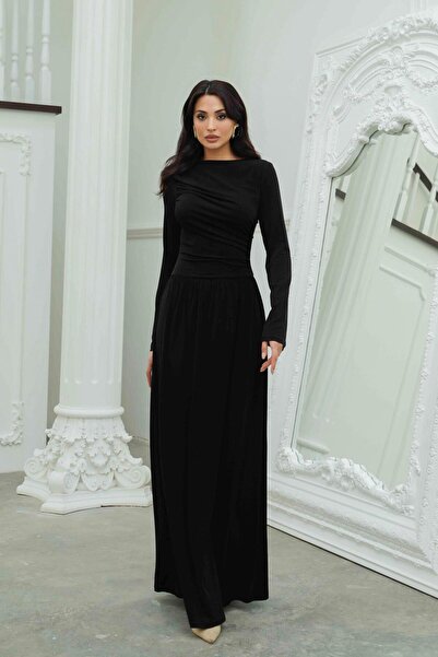 Serica Moda Siyah Büzgü Detaylı Uzun Kollu Kloş Etekli Elbise