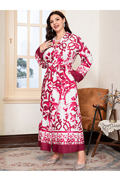 FridayIn Elegant Celebrity style Suit collar Flowers Color contrast Gradient Belt Plus Size Dresses