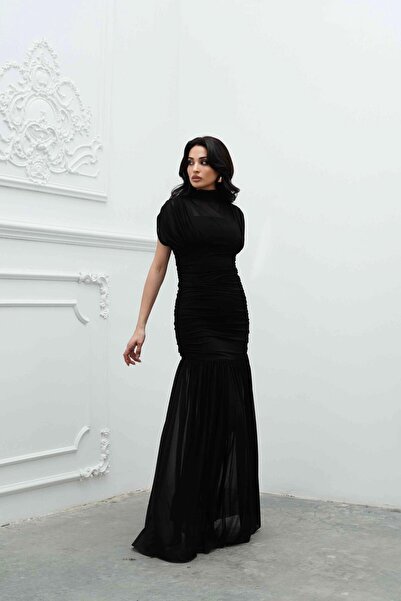 Serica Moda Siyah Büzgü Detaylı Tül Elbise