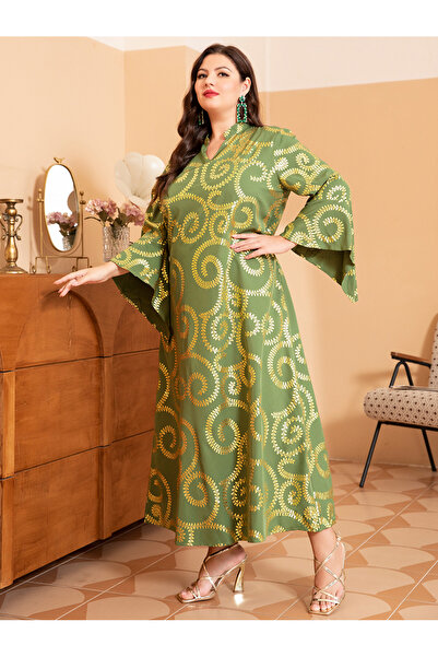 FridayIn فساتين أنيقة بمقاسات كبيرة واسع الأرجل رقبة على شكل حرف V وأكمام واس...