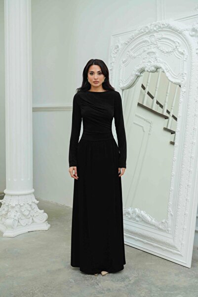 Serica Moda Siyah Büzgü Detaylı Uzun Kollu Kloş Etekli Elbise