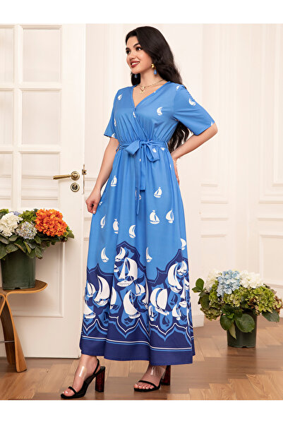 FridayIn Elegant style V-neck Wave pattern Color contrast Belt Regular sleeve Long Dresses