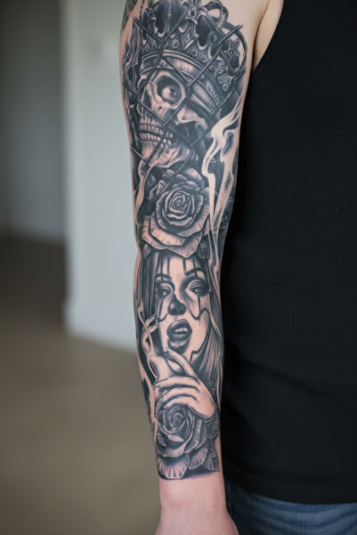 Lavmi Kuru Kafa 3 Hafta Kalıcı Tam Kol Bacak Kaplama Yapıştırma Geçici Dövme 46 CM