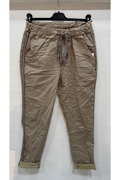 della moor Women's Mink Italian Pants with Stone Stripes on the Sides L Stretch Fabric