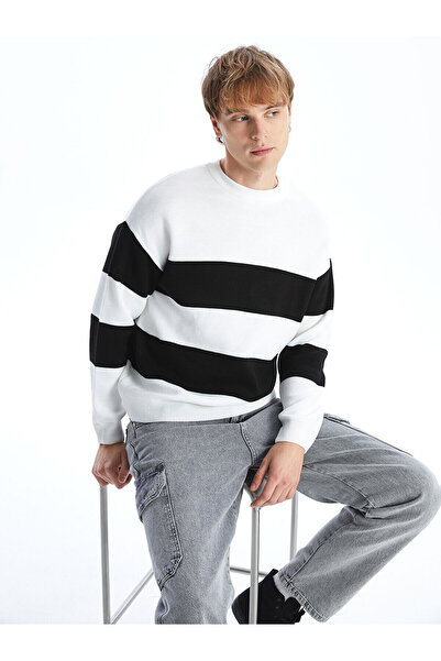 LC Waikiki Black Crew Neck Long Sleeve Striped Men's Knitwear Sweater