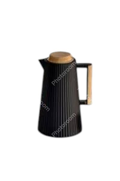 WDA Thermos Jug, Modern Black Insulated Carafe with Wooden Lid, Ribbed Design