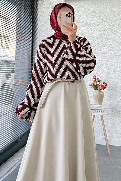MELEK ARAZ Pulover scurt din tricot cu model în zig-zag – Burgundy