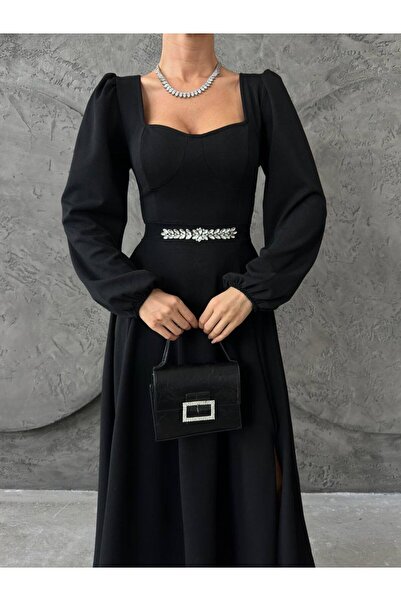 mass fashion Kadın Taş Detaylı Maxi Boy Yırtmaçlı Elbise