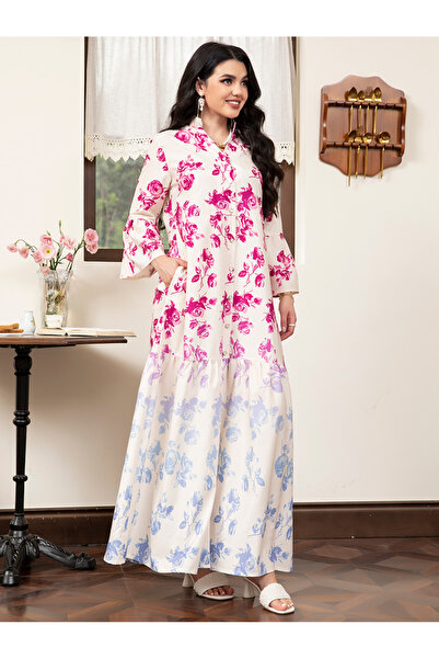 FridayIn Holiday style V-neck Flowers Gradient Pocket Splicing Flared sleeve Long Dresses