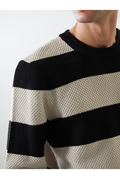 LC Waikiki Ανδρικό πλεκτό πουλόβερ με μακρυμάνικο ριγέ λαιμόκοψη LCW Vision Beige