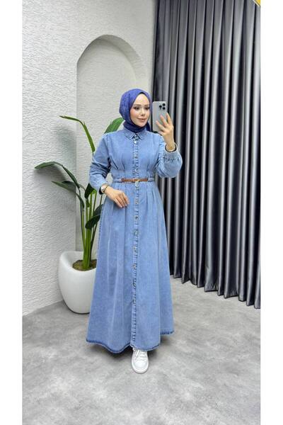 Weak Blue Classic Buttoned Blue Denim Hijab Dress