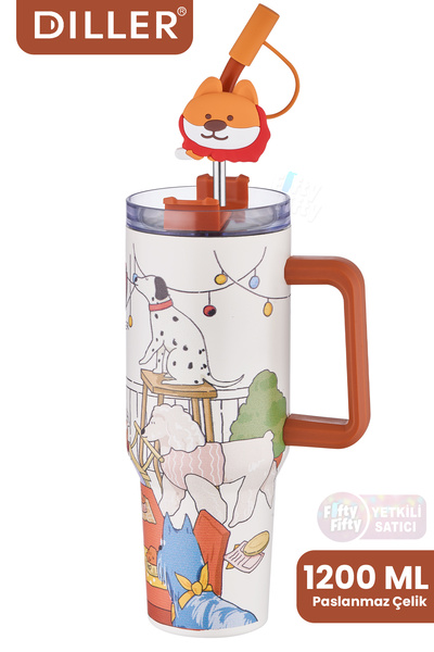 Vagonlife DILLER Quencher Cup 1200 ML Pipetli/Rahat İçim Kulplu Paslanmaz Çelik Termos -FF9222NEW