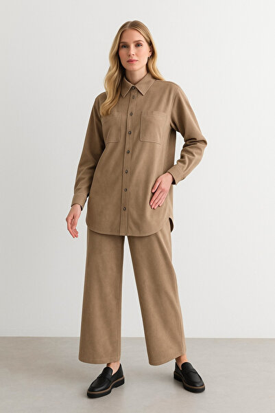 Doque 56059 ÖNDEN ÇITÇIT DÜĞMELİ ÇİFT CEPLİ PANTOLONUN BELİ LASTİKLİ SÜET TAKIM #10-25#