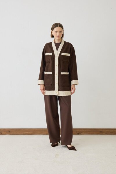 TERZİ DÜKKANI Due 2 Color Tweed College Cardigan Brown