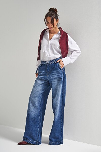 its basic Women's Blue Color 2W5-5 Super Palazzo Fit Belt Detailed Denim Jean