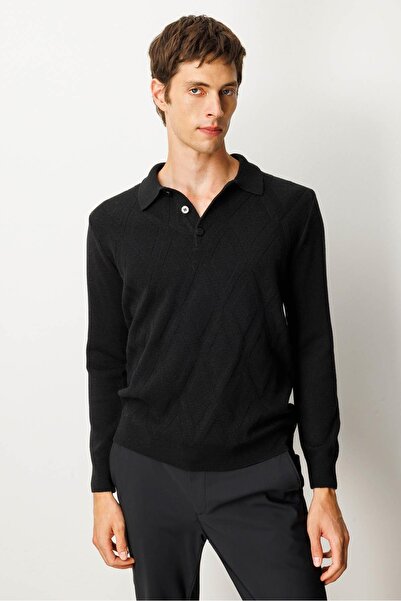Desen Triko Men's Polo Neck Straw Knit Baklava Yürütmeli Wool Sweater Black