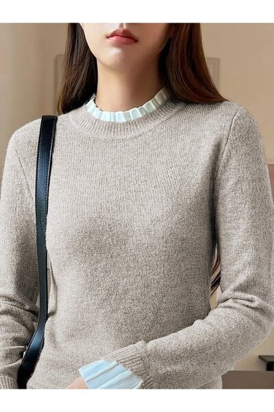 Nnstartshopping Women's Long Sleeve Ruffled Collar Knitwear Cream Blouse