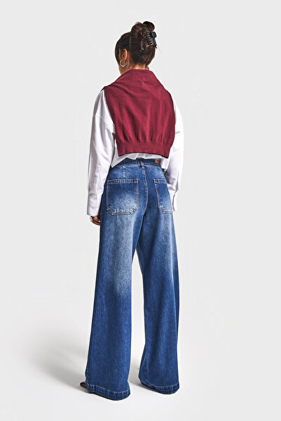 its basic Women's Blue Color 2W5-5 Super Palazzo Fit Belt Detailed Denim Jean