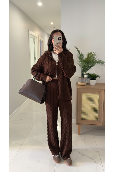 BİRCANÇİL Millas Brown Zippered Knitted Trouser Set