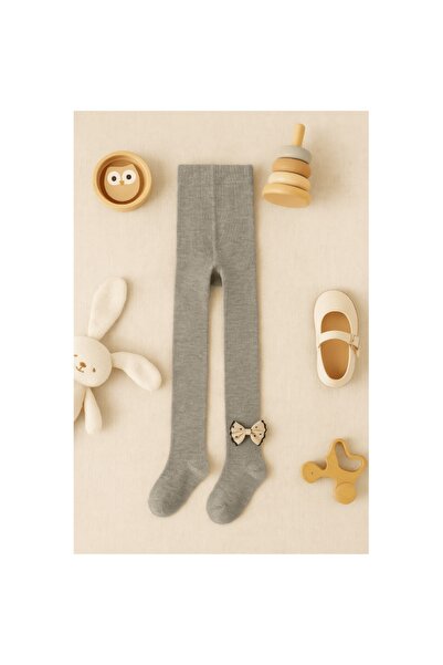 Mixbo - Children's tights with sole, polka-dot bow, thick cotton, 6-12 months, light gray