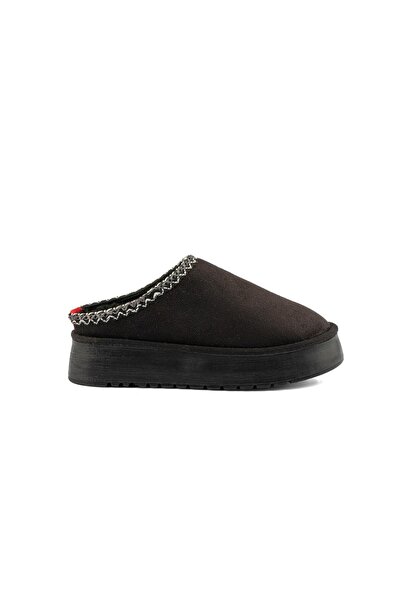 Moda Devrin Black Suede Thick Sole Slippers with Wool Inside