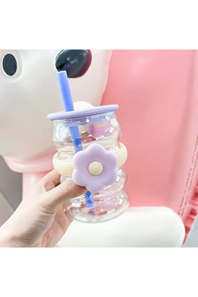 Mixbo glass cup with straw, floral design, purple, 520 ml