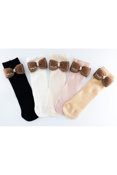 Mixbo Kids Socks - Mustard with Large Brown Bow, Cotton, Size 2–5 years