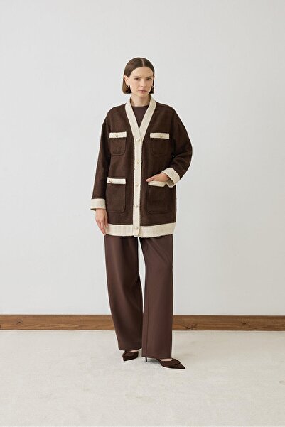 TERZİ DÜKKANI Due 2 Color Tweed College Cardigan Brown