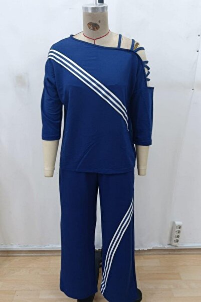 Mossta Crossed Striped Detail Shoulder-Cut Viscose Two Thread Double Suit - Navy Blue