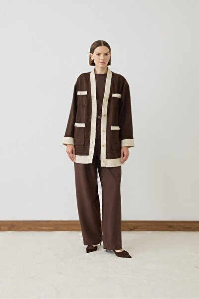 TERZİ DÜKKANI Due 2 Color Tweed College Cardigan Brown