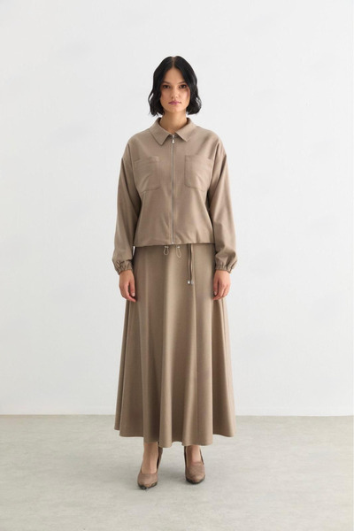 Doque 56017 ÖNDEN FERMUARLI ÇİFT CEPLİ CEKET UCU BÜZGÜLÜ KUMAŞ ETEKLİ TAKIM #...