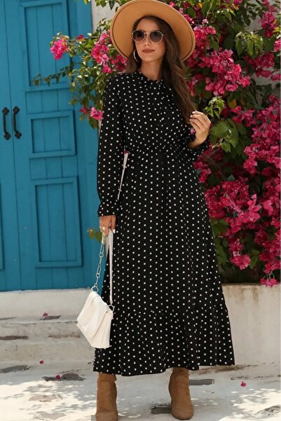 JANES Women's Long Sleeve Collar Lace-Up Long Polka Dot Crepe Maxi Dress