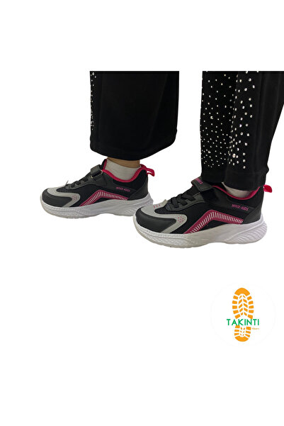 Çocuk Spor Siyah Pembe Cırtlı Sneaker