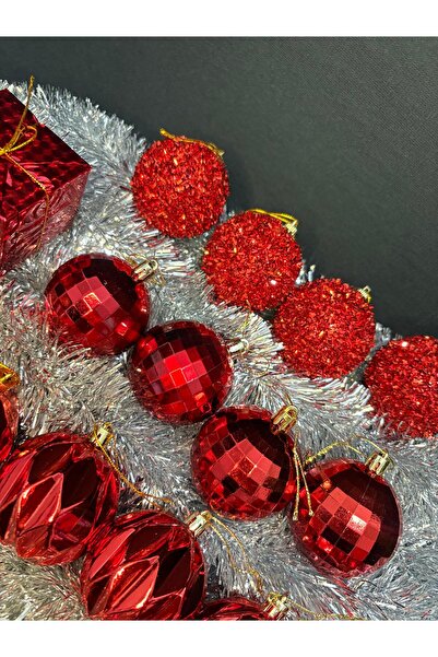 ENG PARTİ DÜNYASI Red Christmas Tree Ornament Set 16 Pieces – Shiny Decorativ...
