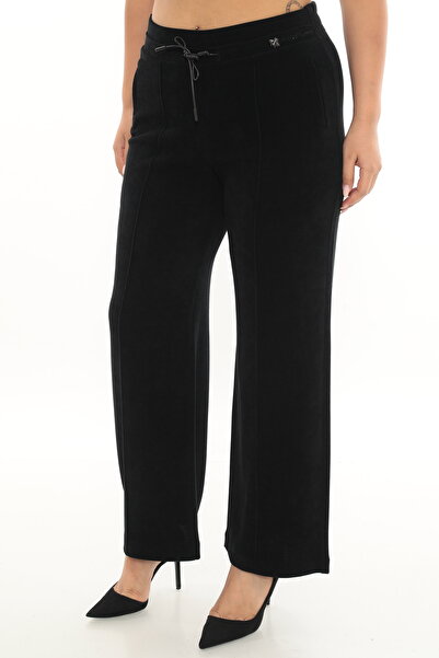 EXİTLİNE Women's Winter Black Velvet Trousers with Bee Accessories and Stone Pipe Leg Detail