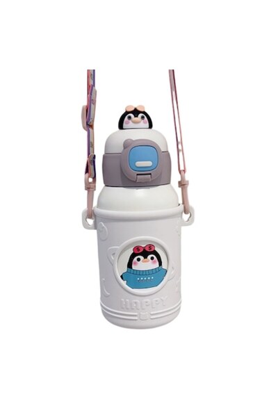 Mixbo termos pentru copii cu pai și curea, model Penguin, alb, 500 ml