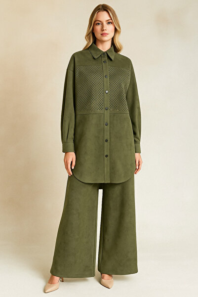 Doque 56056 ÖNDEN ÇITÇITLI GÖĞÜSÜ DETAYLI OVERSİZE SÜET PANTOLONLU TAKIM #10-25#