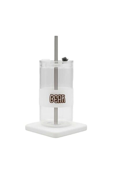 Mixbo Pahar de sticlă cu pai, design ursuleț, maro, 350 ml