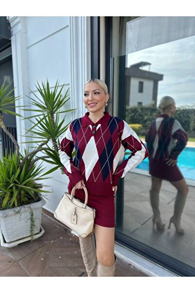 For Angels Diamond Patterned Polo Collar Sweater